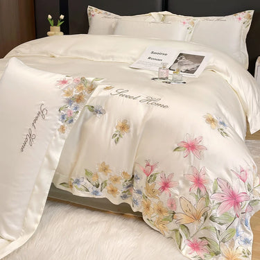 Luxury White Flowers Lilly Embroidery Ice Silky Duvet Cover Bedding Set